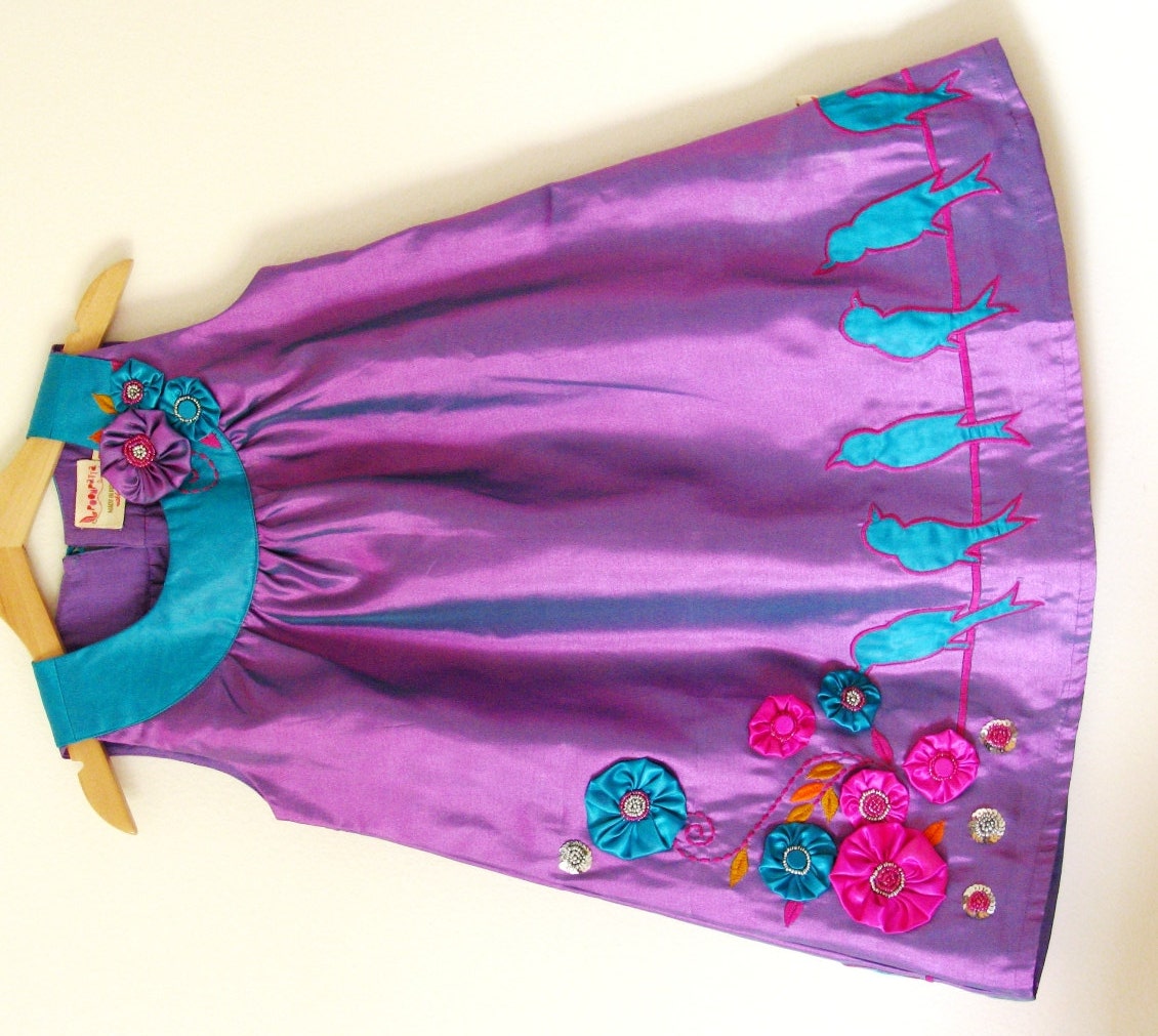 NEW-Couture satin dress 'Birds On A Wire'-2T 3T 4T girls 5 6 -Purple colorway-handmade flowers-flower girl dress