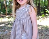 Boutique 'KHADI' girls dress for spring/summer-2T 3T 4T girls 5 6- paisley embroidery, brown cotton stripe fabric
