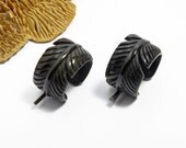 Feather Hoop Earrings Hand Carved Buffalo Horn Eagle Feather Post Earrings Tribal Style - PE029 H