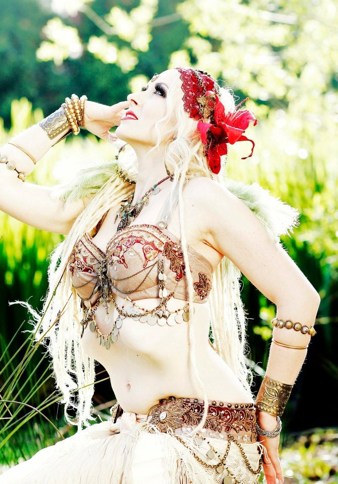 Tribal Fusion Bra and Belt Professional Costume Bedlah- Fleur Sauvage- 34/36 C or D Brass Heavy Beadwork Vaudeville