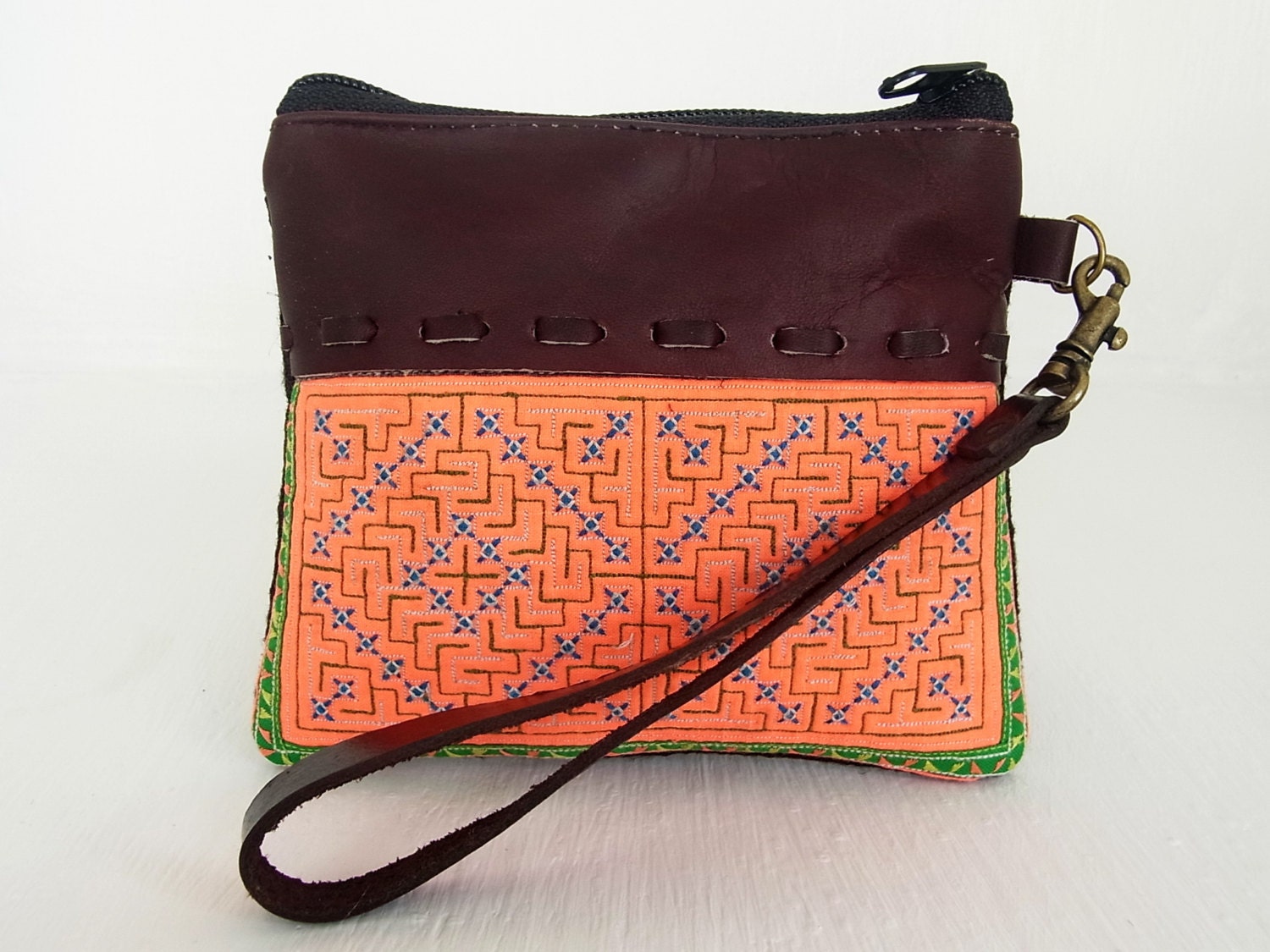 Neon Orange Coin Pouch Purse Leather Wristlet Strap Hill Tribe Fabric Vintage HMONG Handmade Thailand (BG298.607)