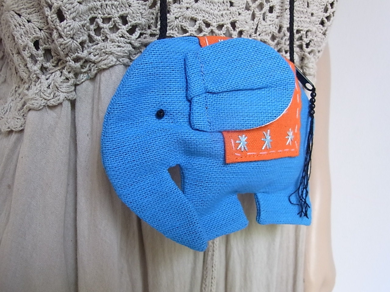 Sky Blue Elephant Cross-Body Bag HillTribe Handwoven Fabric HMONG Thailand (BG618-B)