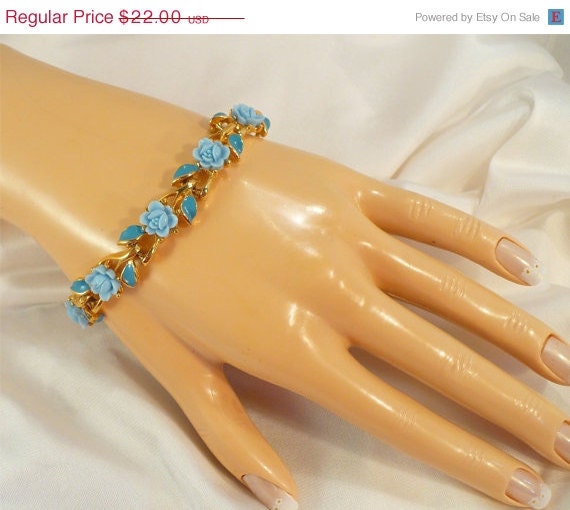 Vintage Aqua 3-D Roses Bracelet - Turquoise Flowers, 8 Inches Long