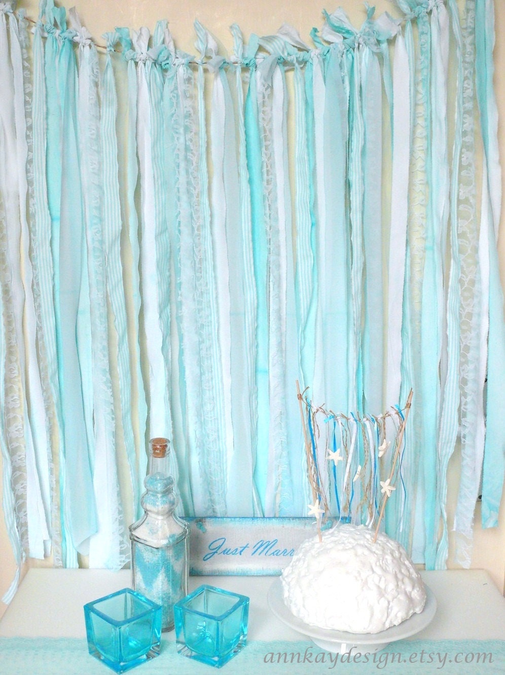Fabric  Garland Rag Streamer Backdrop with Mint and Striped Fabric , Lace and Tulle