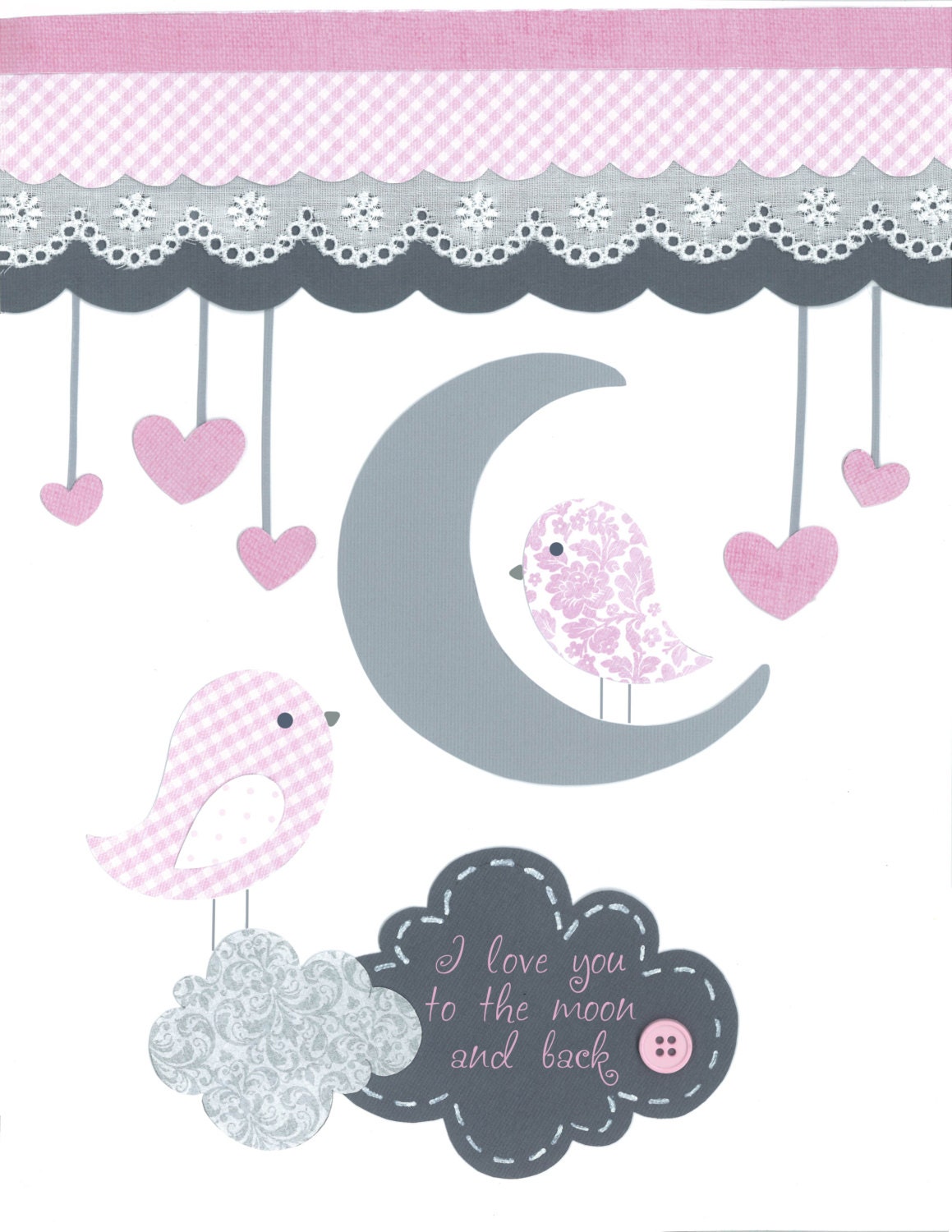 Baby Girl Nursery, Gray and Pink Nursery, Baby art prints, "I Love You to the Moon", Baby Bird Nursery, Bird Print, Cloud nursery, 8x10
