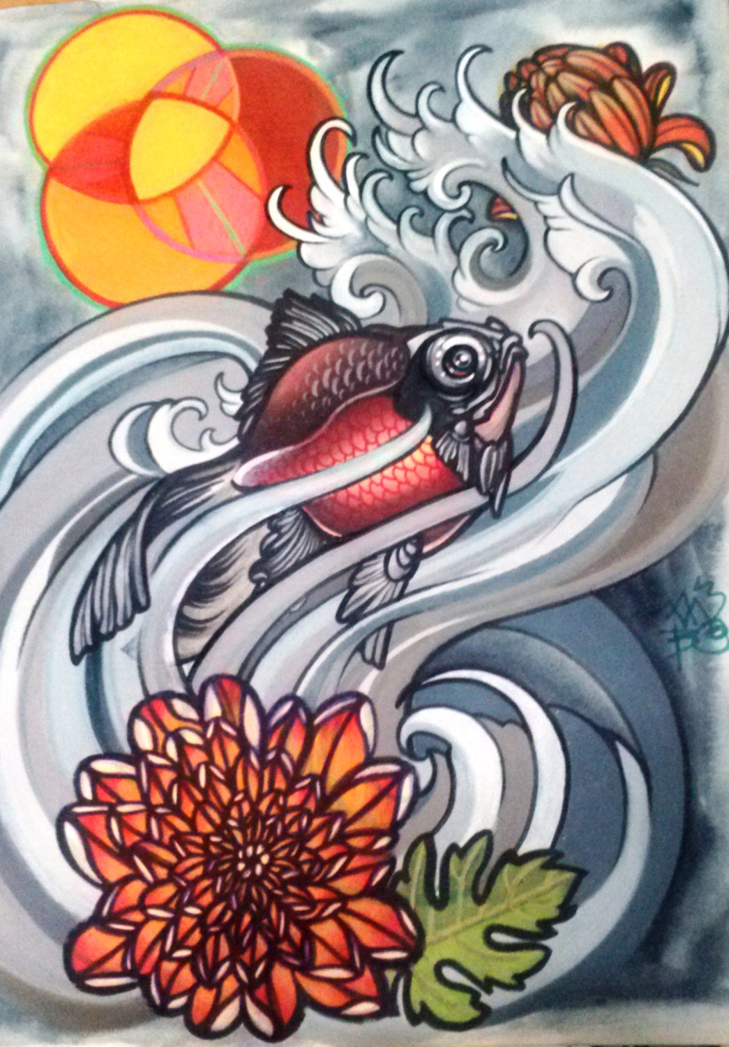 chubby goldfish painting, koi tattoo art, watercolor