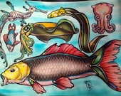 fish tattoo flash, dumbo squid, eel, weedy sea dragon, carp, cuttlefish: tattoo art, fish tattoo, coy fish, koi fish