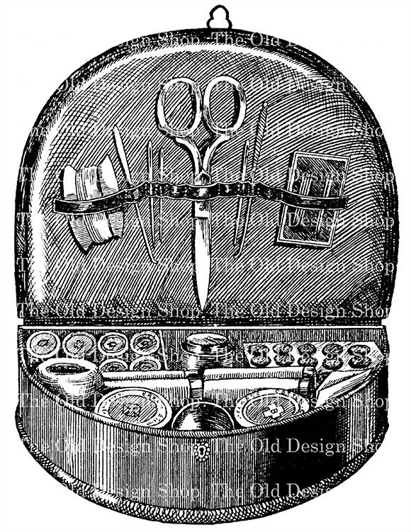 Hanging Sewing Box Black and White Vintage Clip Art Printable Digital Scan Stock Image for Fabric Transfers Mixed Media Graphic Design Etc