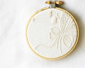 Cream embroidery hoop art / upcycled vintage fabric / white home decor / fresh spring / 3 inch size