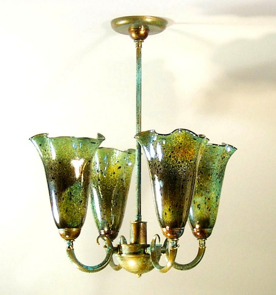 Lighting Hanging Chandeliers: Handmade Chandelier w/ blown glass shades, Four-Arm Chandelier