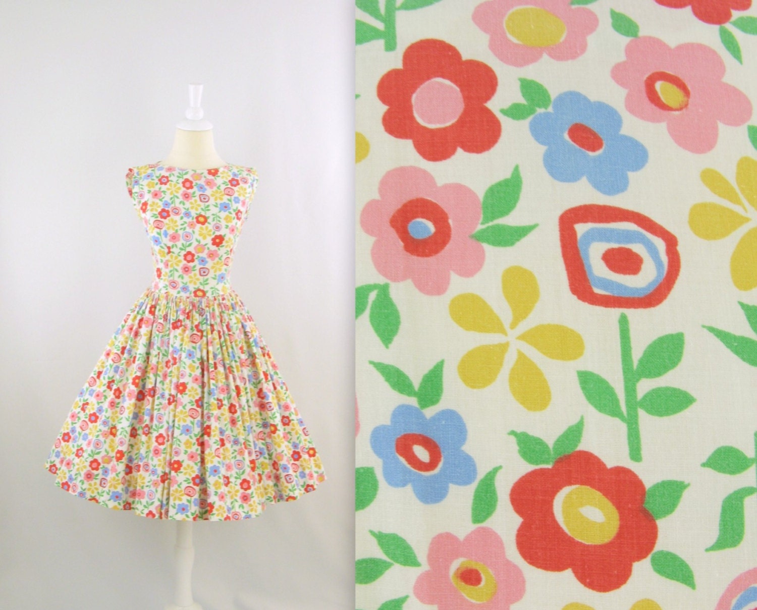 Vintage 1950s Cotton Party Dress w/ Scandinavian Floral Print - Small