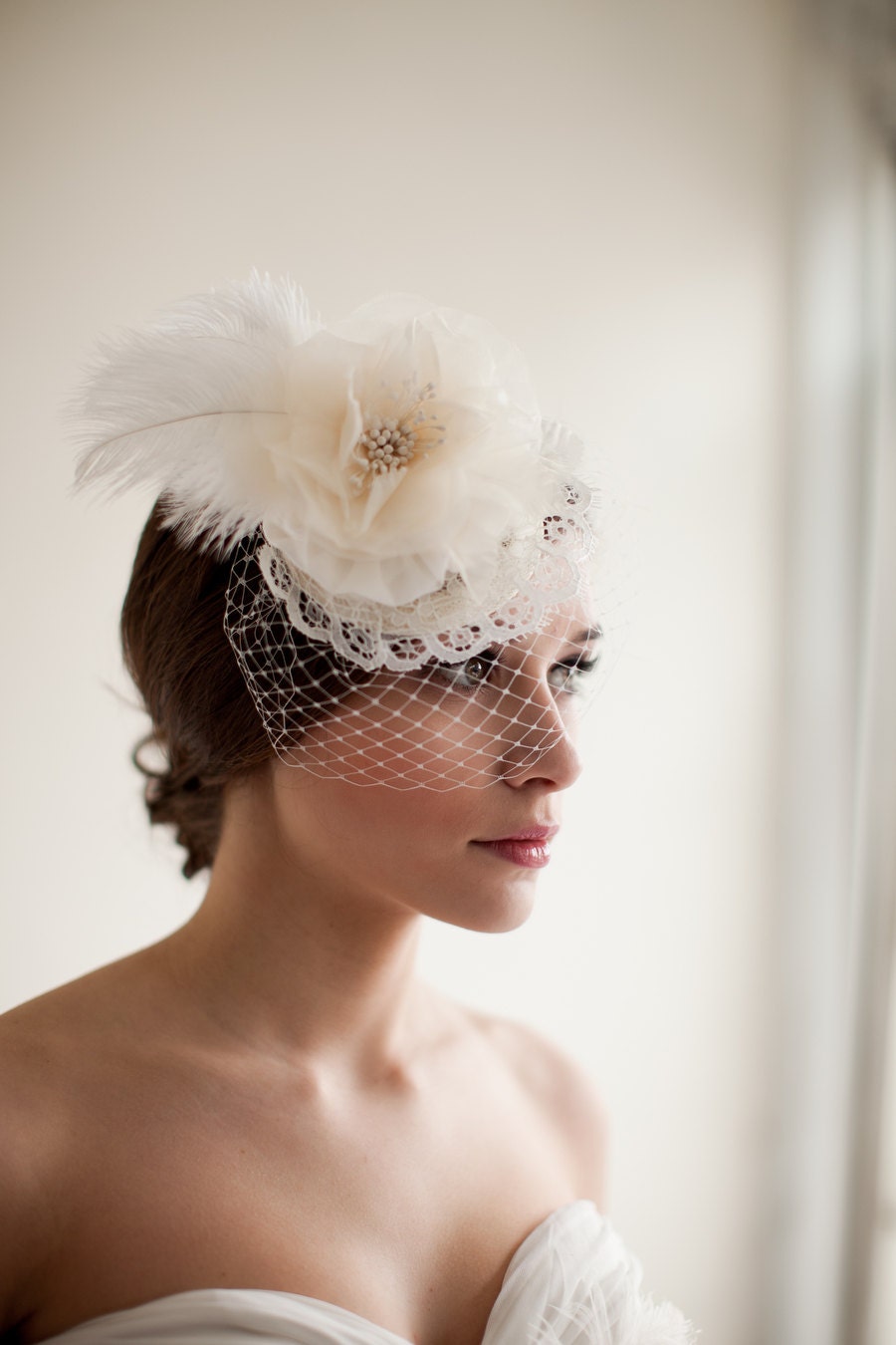 Bridal Mini Hat with Veil, Flower Fascinator, Feather Headpiece, Wedding Headpiece, Birdcage Veil- Elizabeth  MADE TO ORDER