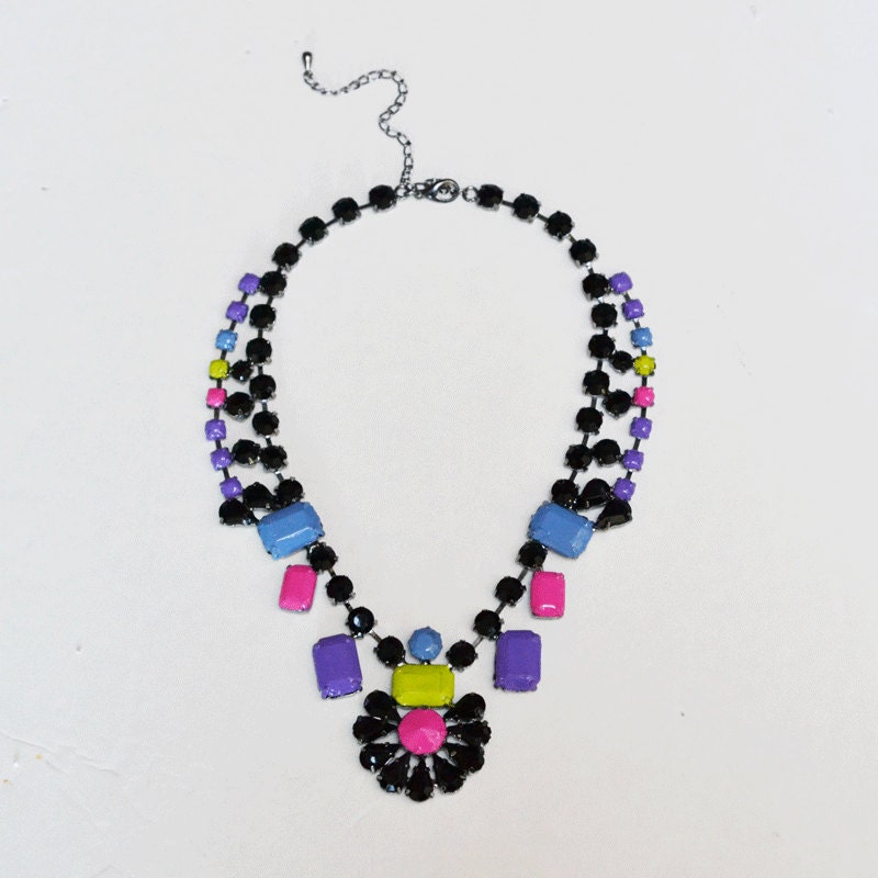 bib necklace hand painted rhinestone statement piece Bright Pink Chartreuse Purple