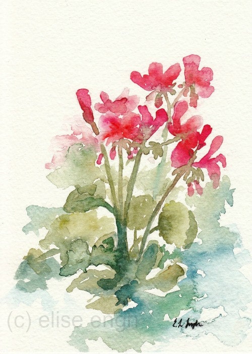 Pink Red Geraniums Flowers, Original Watercolor Painting, 5x7