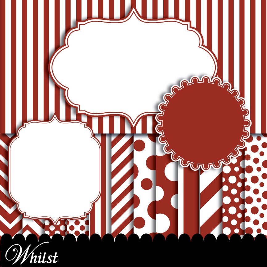 Red digital paper frame pack, Ornate frame clip art red, Chevron paper, polka dot paper, stripe paper scrapbooking : p0176 3s0450 IP Il_570xn