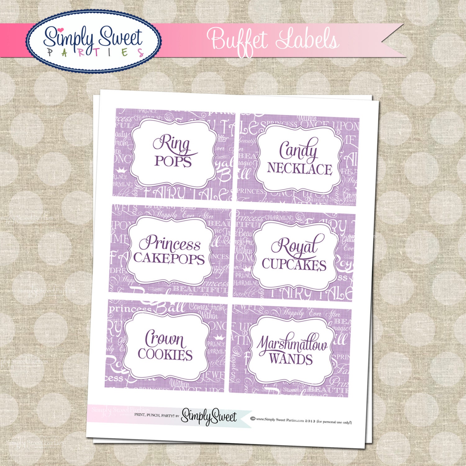 Purple Polka Dot Princess Birthday Party Buffet Labels Printable PDF files Il_570xn