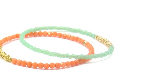 Beaded Bangle Bracelets // Guitar String Jewelry // Recycled Eco-Friendly Jewelry // Set of 2 // Mint, Coral Wire Wrap // Handmade Recycled