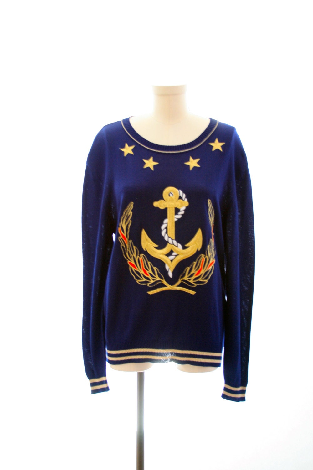 Nautical Anchor Sweater by Liz Claiborne - Size S/M - Navy with Gold - CUTE