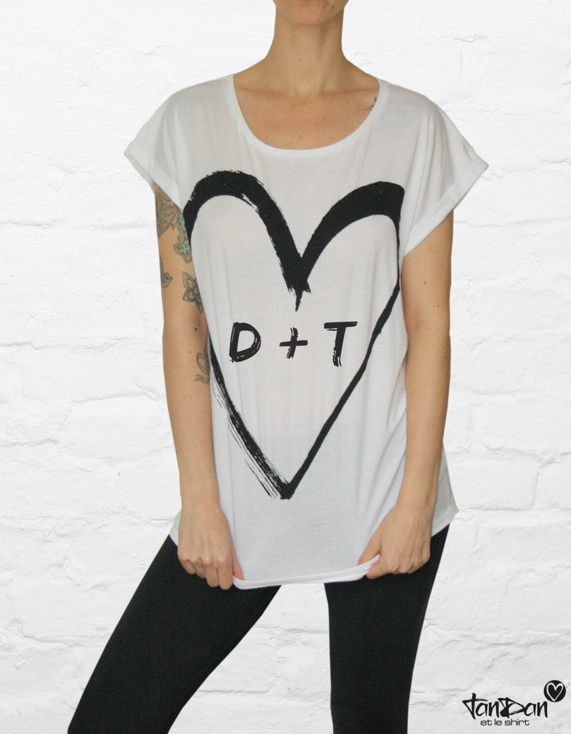 Woman Tunic Shirt "Heart with initials - declaration of love" white