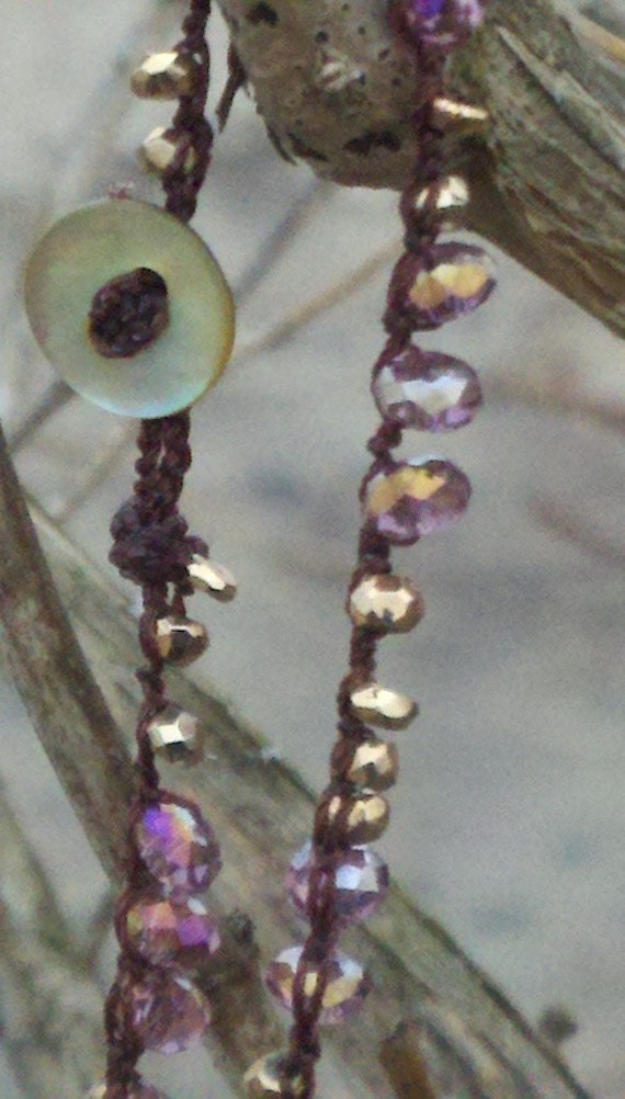 Mauve Pink Swarovski and Pyrite Crocheted Spirit Necklace - Surf Inspired Jewelry