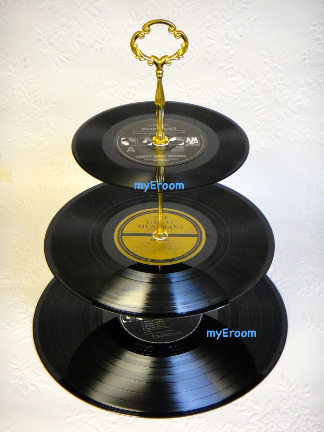 3 tier Vinyl Record Cupcake Stand Retro Cake Stand Black and Gold