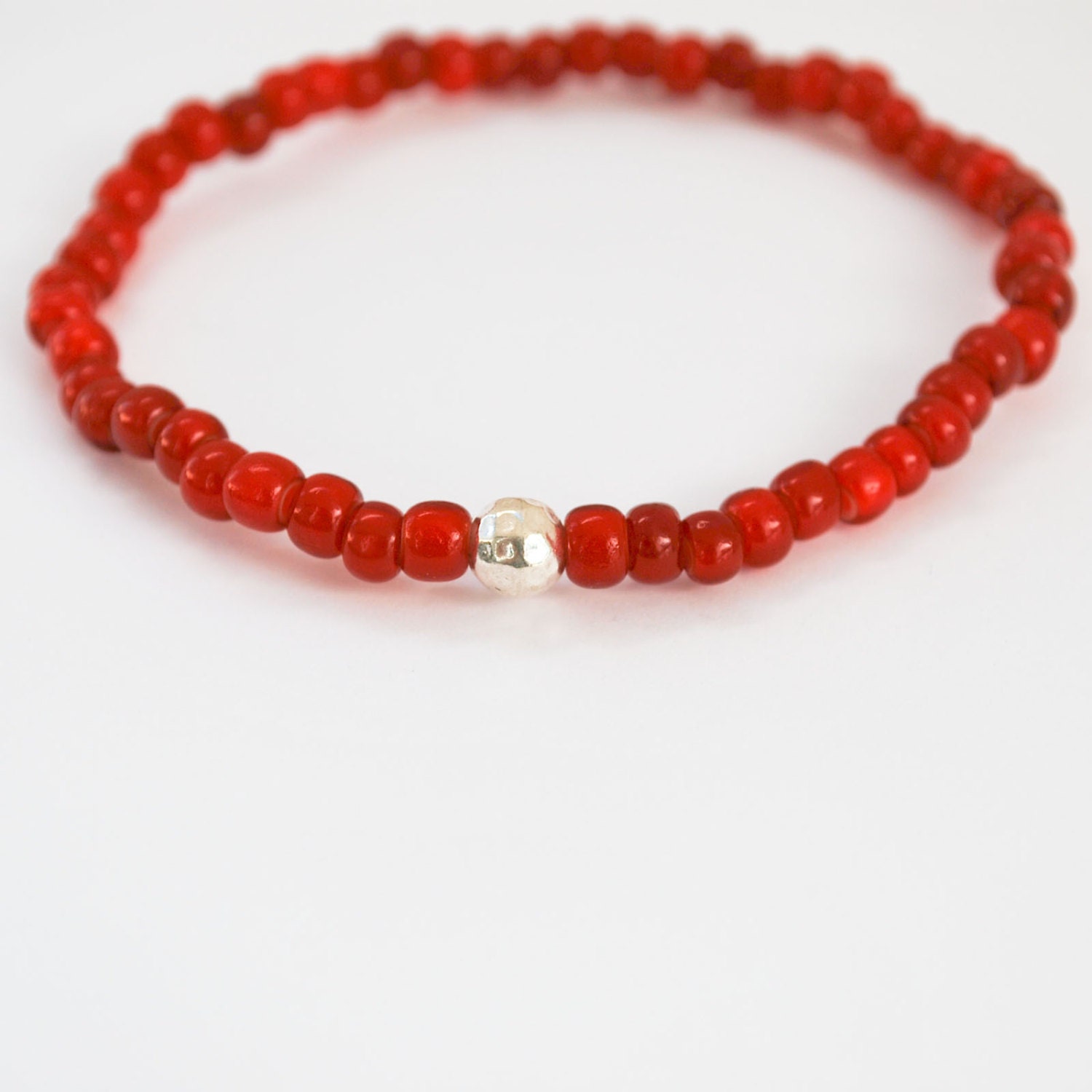 Sterling Silver and Vintage African Glass Men's Bracelet - Dark Red