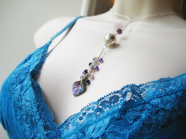 Long Dangle Necklace, Silver and Purple Necklace, Gypsy Necklace, Beaded Necklace, Beaded Pendant