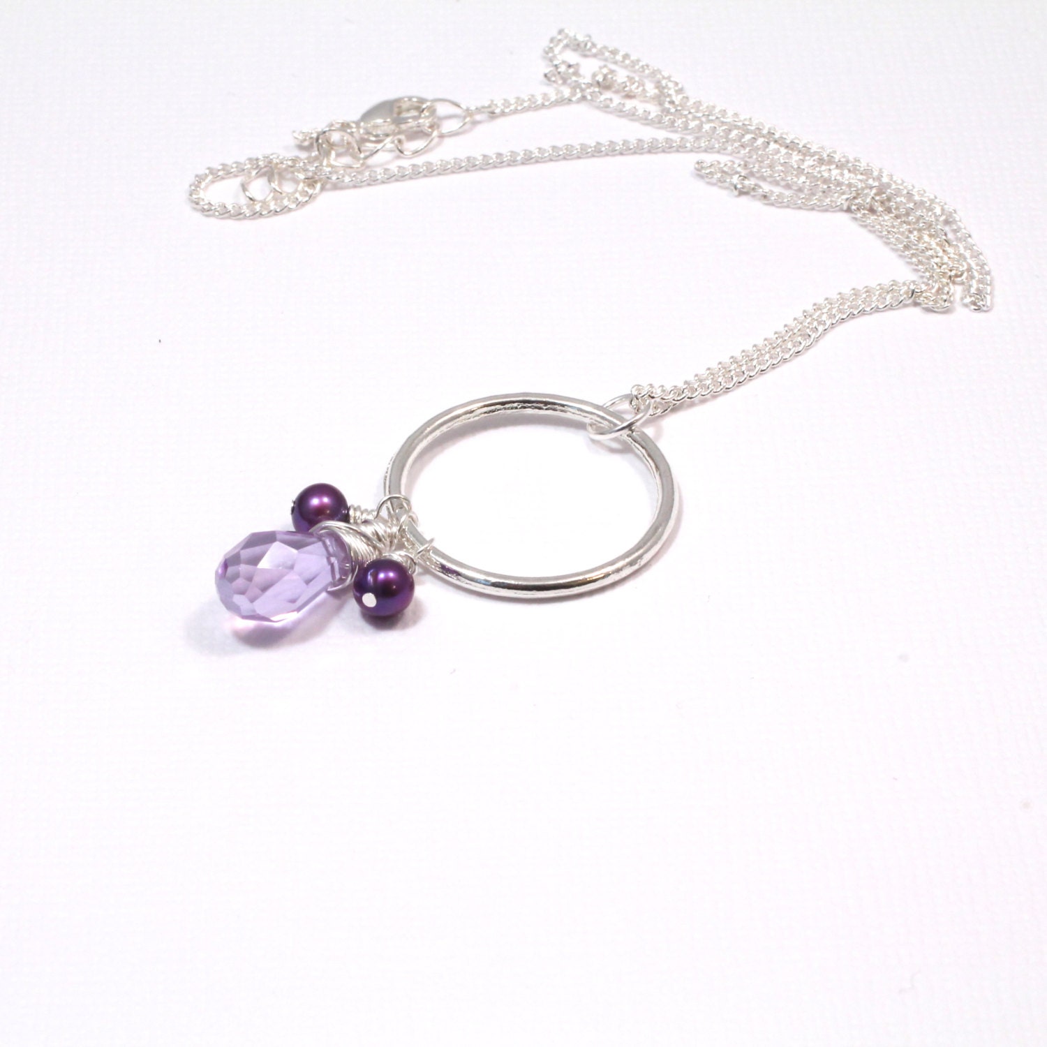 SALE-Purple Pearl and Crystal Pendant, WIre Wrapped Silver Lavender and Plum Necklace