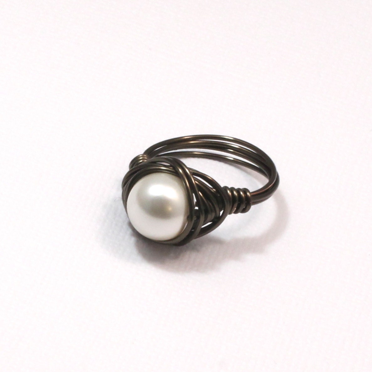 Wire Wrapped Ring, Faux Pearl Ring, Large Antique Brass Ring-- Pick Your Color
