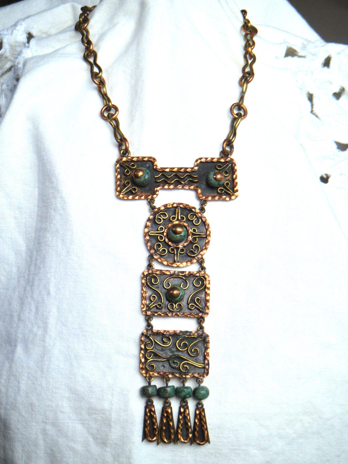 Casa Maya Vintage Tribal Necklace, Copper Brass Stone Bead, collectible statement jewelry, ornate midcentury Mexico, large geometric ethnic