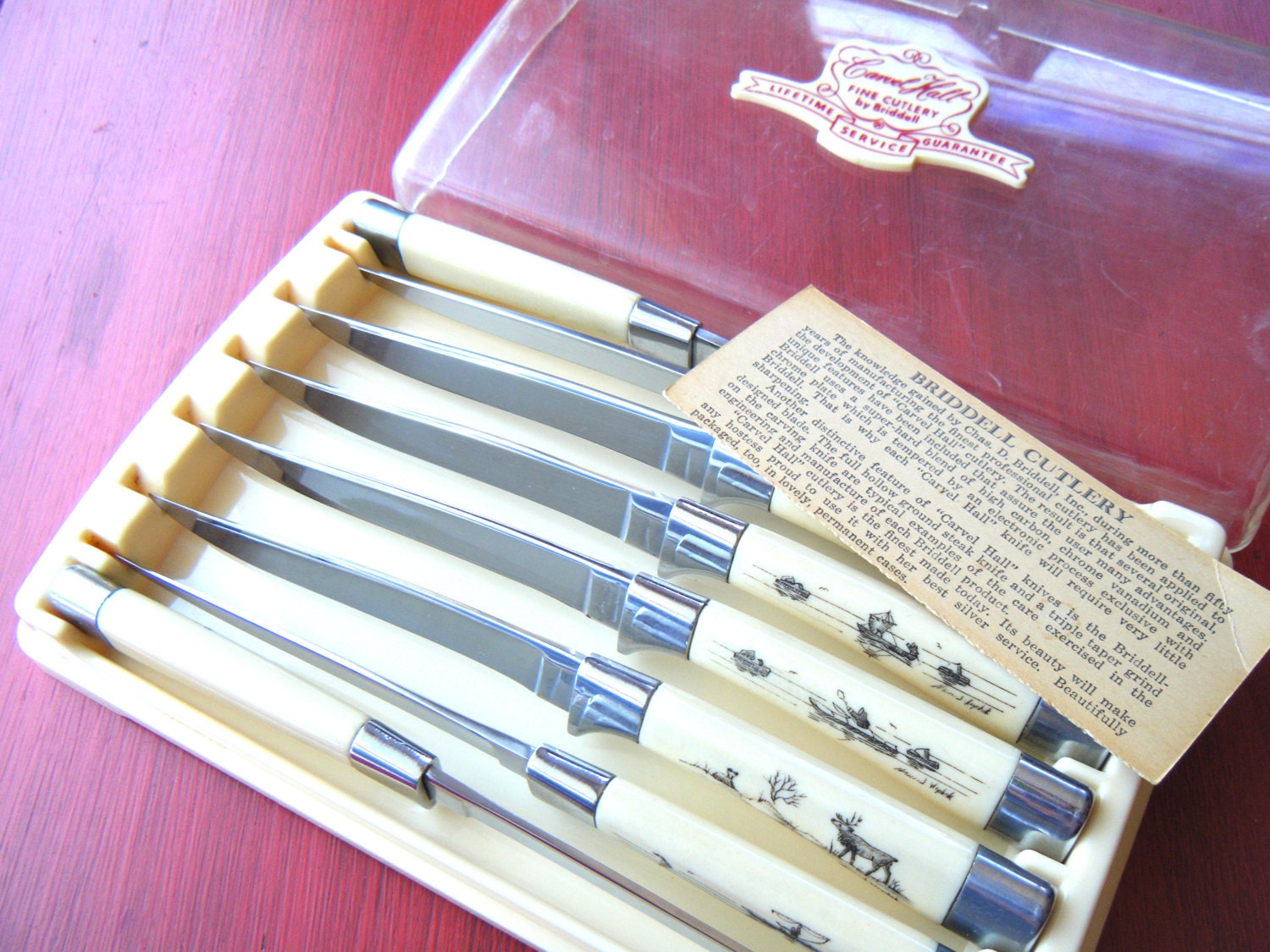 Vintage Scrimshaw Steak Knife set of 8 by larkinbirdvintage