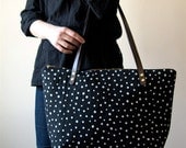 Screen Print Linen Tote Bag Black Brown Leather Handles