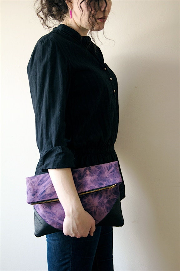 Hand Tie Dyed Fold Over Oversize Clutch Shibori Navy Pink Purple