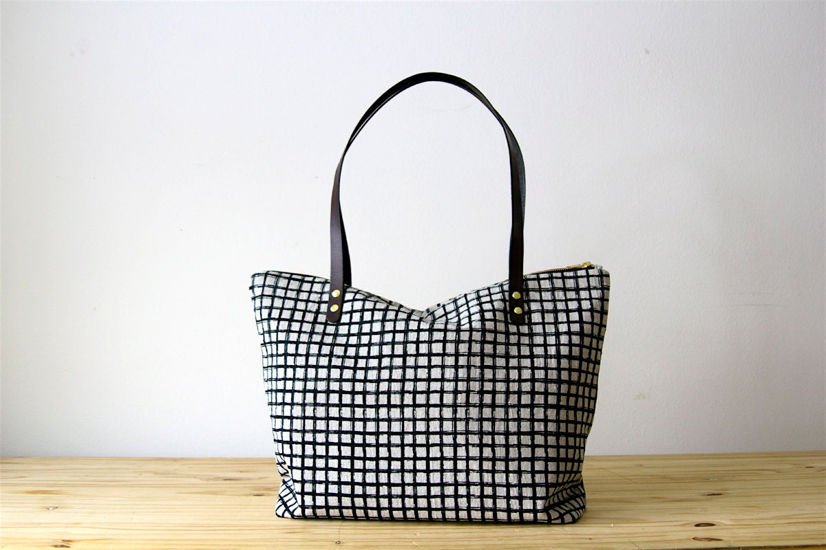Linen Tote Bag Black Screen Print Grid Brown Leather Handles