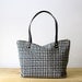 Linen Tote Bag Black Screen Print Grid Brown Leather Handles