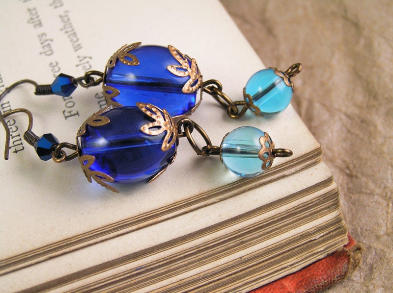 Copper and blue dangle earrings. Victorian style handmade jewelry