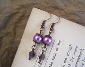 Lavender pearl dangle earrings. Glass pearl & purple crystal bead. Vintage style handmade jewelry