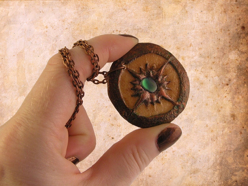 Glow in the Dark Compass pendant. Copper, green, & bone. Handmade steampunk jewelry