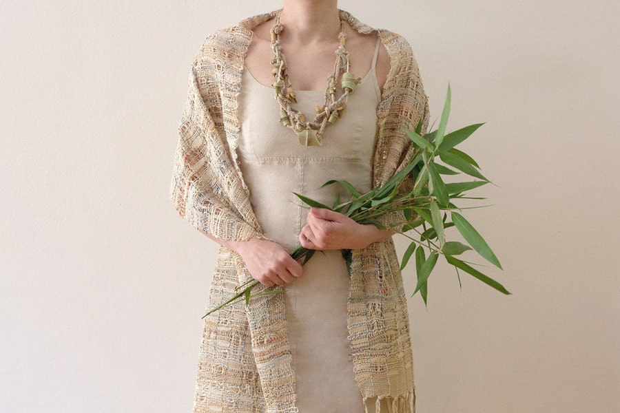 Knitted statement necklace with bamboo beads, beige light green, OOAK