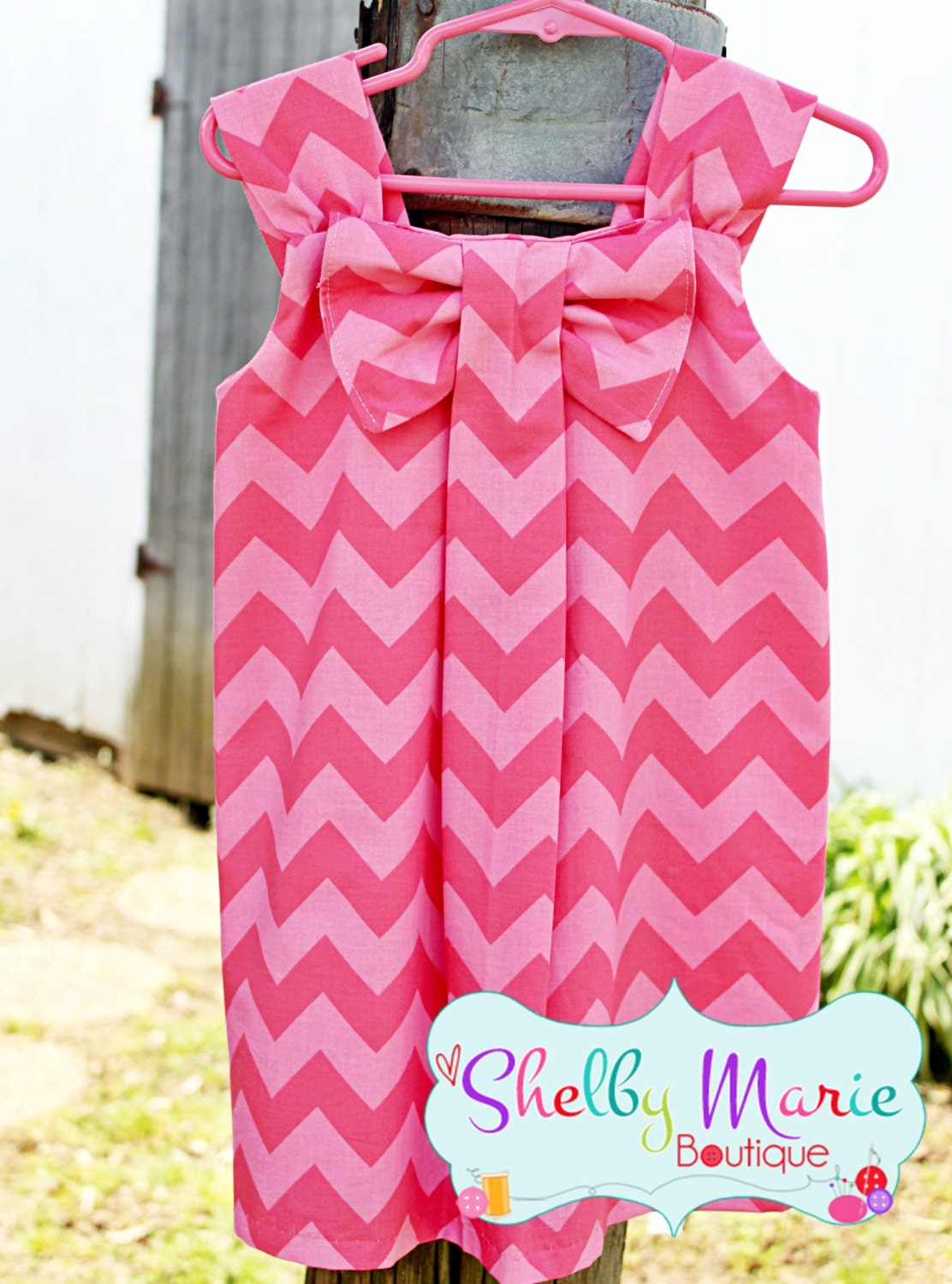 Girls Toddlers Baby Custom Handmade "MACY JEAN" Bow Dress Ready to Ship Size 3T Pink Tonal Chevron