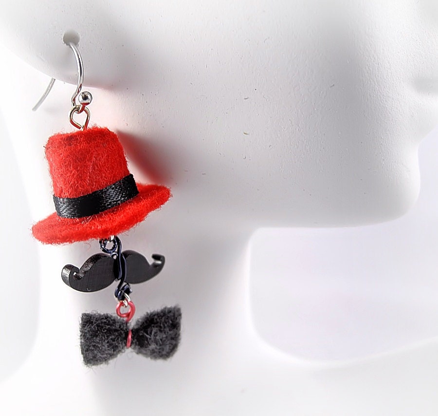 Top Hat, Mustache and Bow Tie Earrings- Felt - Handmade - Unique Jewelry for a Unique You