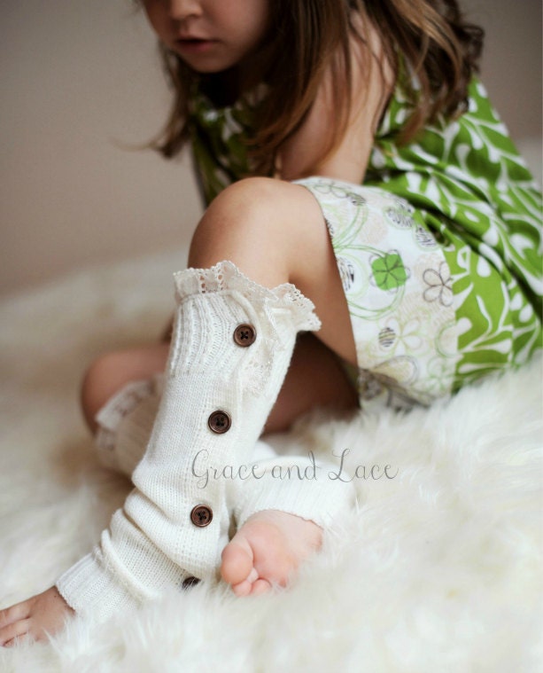 The Mini Molly - GIRLS Soft Slouchy Button Down leg warmers w/ Ivory Knit Lace Trim - girls legwarmers baby legs in 5 colors