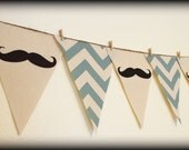 Blue Chevron print Mustache Banner - Party Banner - Blue Chevron