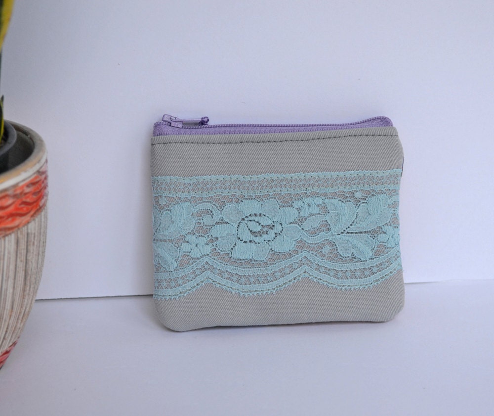 The Allison - floral vintage lace zipper pouch with zipper closure denim and vintage canvas