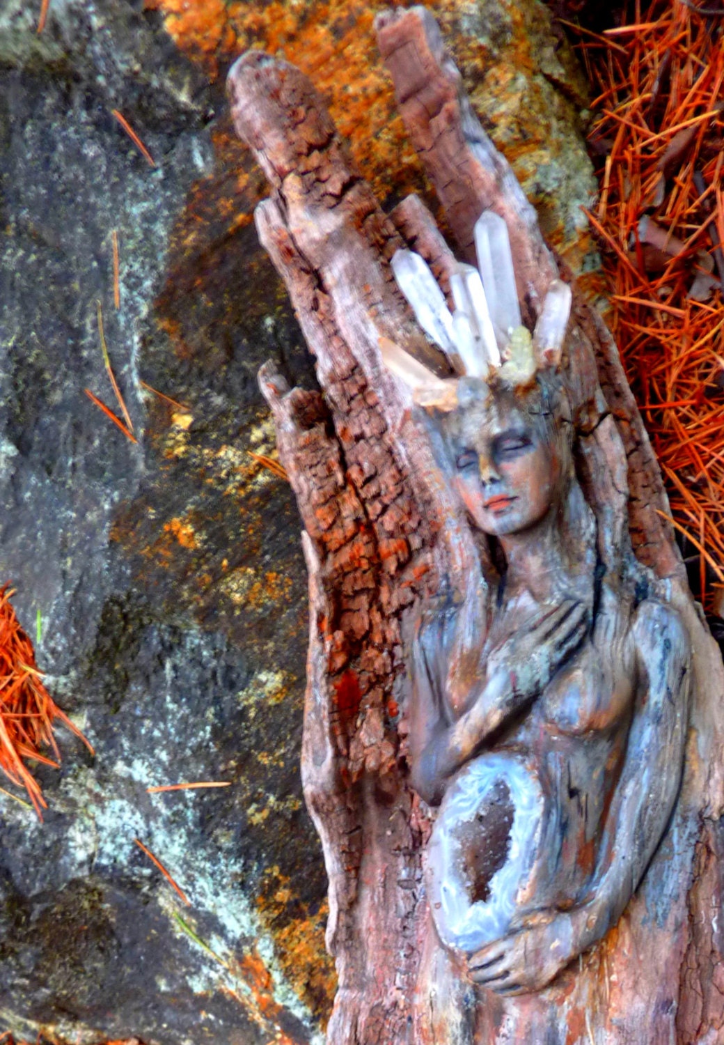 Inside Out, Sprite Driftwood Woman with Seven Crystals and Geode Stone