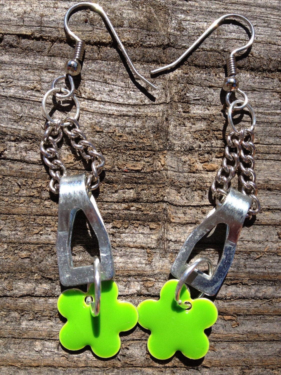 Silver Metal Aluminum Chain Industrial dangle earring drop Chartreuse Flower Steampunk meets Hippie