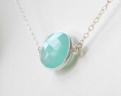 Aqua Chalcedony Necklace, Seafoam Gemstone Bezel Set in Sterling Silver, Pretty Delicate Framed Stone Jewelry