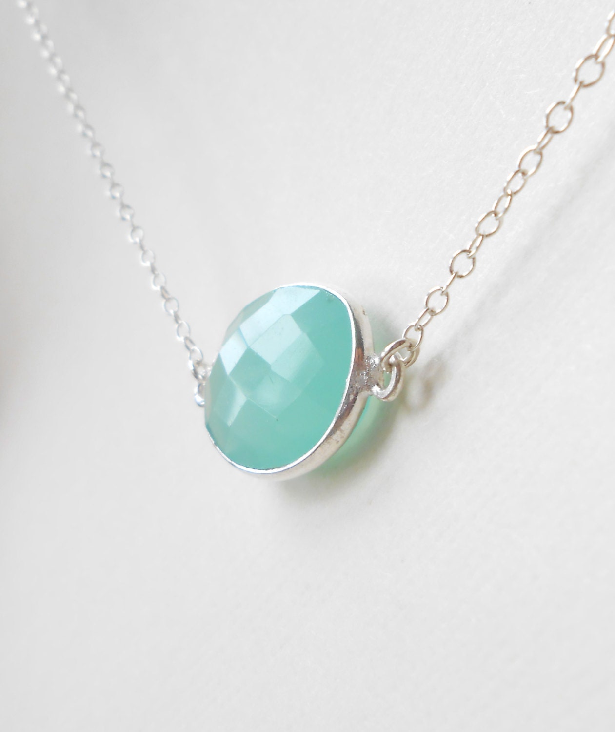 Aqua Chalcedony Necklace, Seafoam Gemstone Bezel Set in Sterling Silver, Pretty Delicate Framed Stone Jewelry