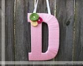 Yarn Letter - Nursery Letter, Baby Name Letter, Petal Pink, Apple Green, Light Yellow Fabric Flowers