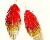 Girl On Fire - RED - Glitter and Faux Leather BIG Feather Earrings